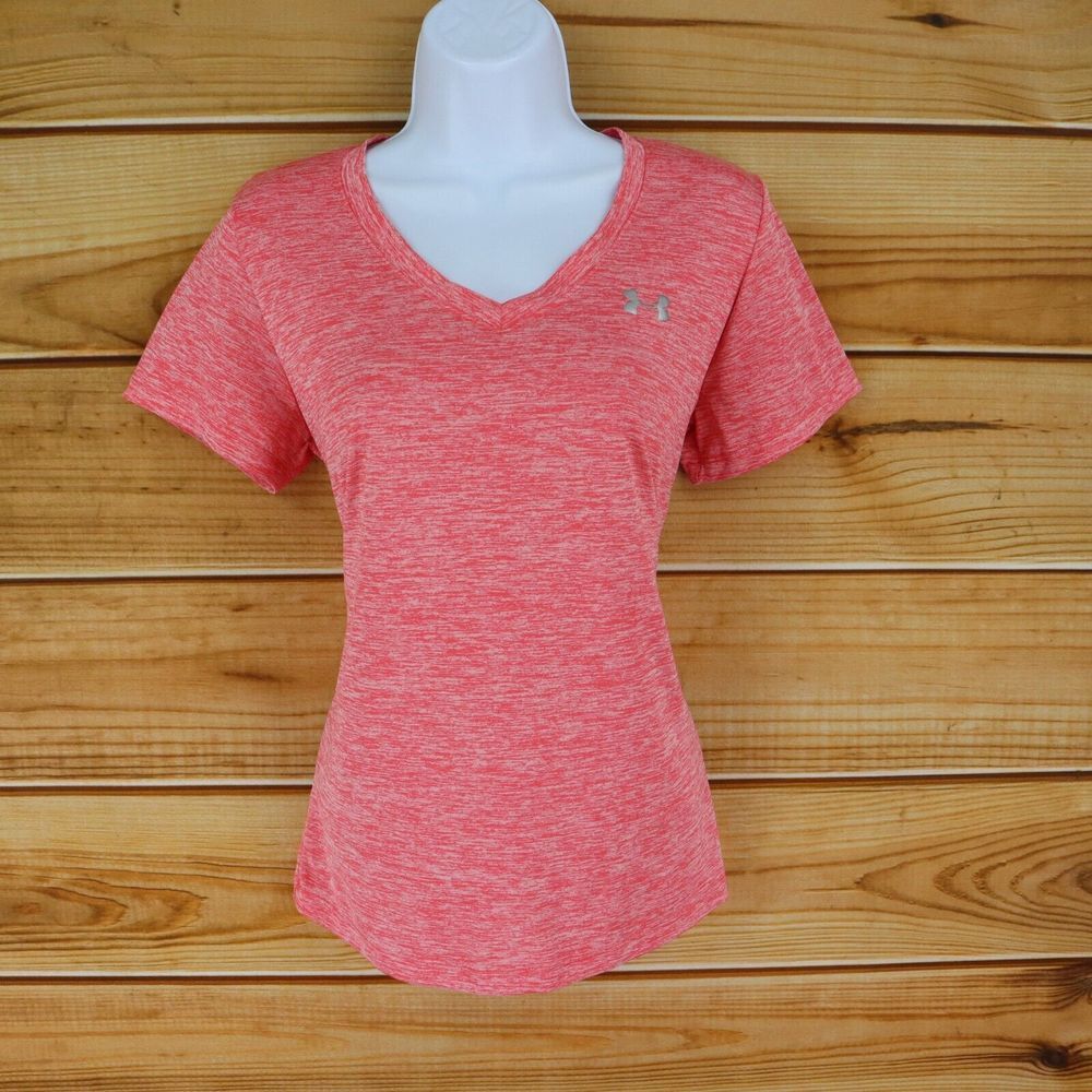 Under Armour‎ Heatgear Activewear Shirt Loose Fit Womens M Pink Heathered V-Neck